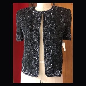 Short sleeved vintage Black Beads on Silk Jacket M